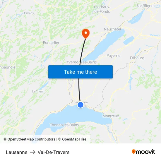 Lausanne to Val-De-Travers map