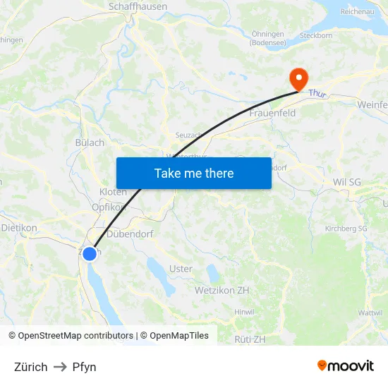 Zürich to Pfyn map