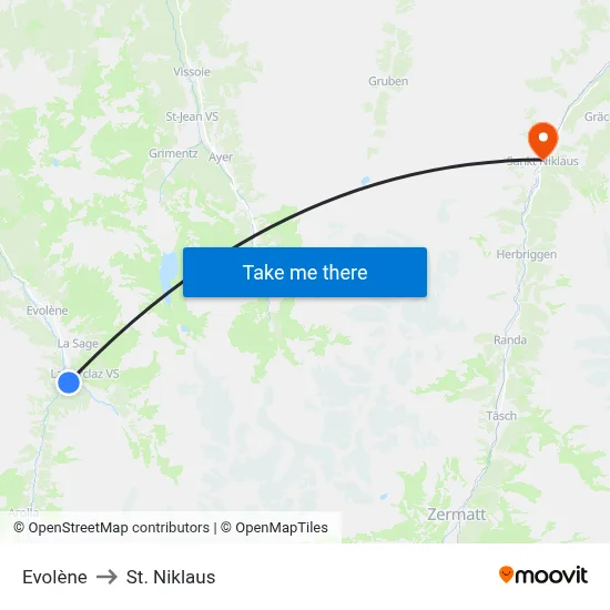 Evolène to St. Niklaus map