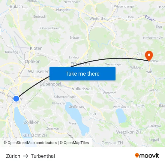 Zürich to Turbenthal map