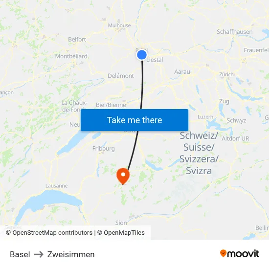 Basel to Zweisimmen map