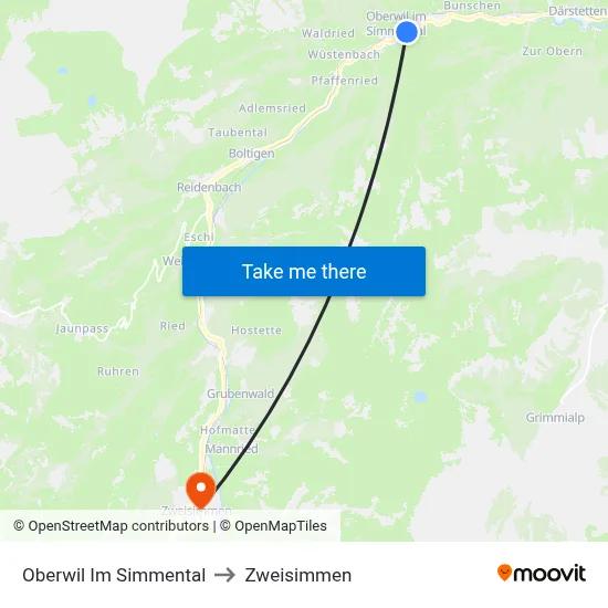 Oberwil Im Simmental to Zweisimmen map
