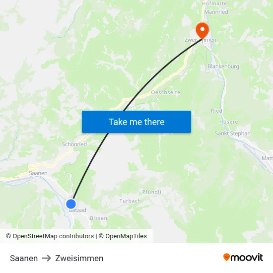 Saanen to Zweisimmen map