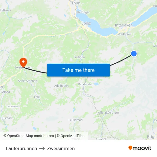 Lauterbrunnen to Zweisimmen map