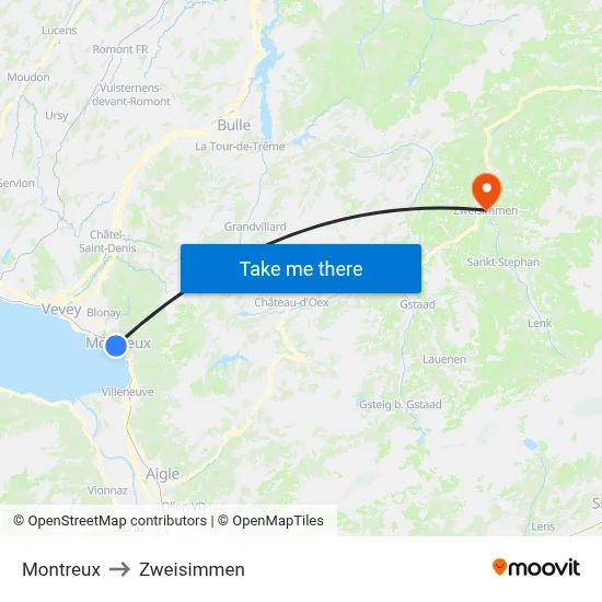 Montreux to Zweisimmen map