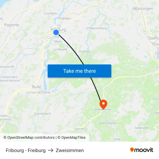 Fribourg - Freiburg to Zweisimmen map