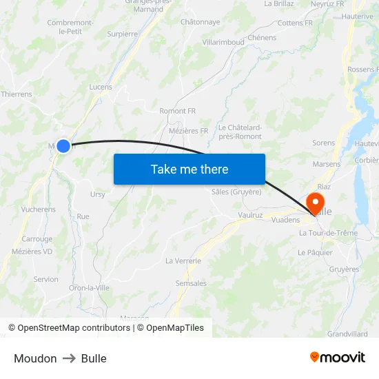 Moudon to Bulle map