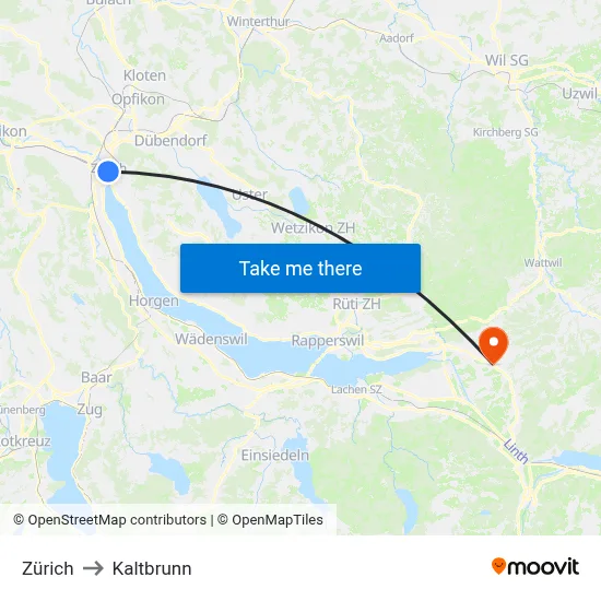 Zürich to Kaltbrunn map