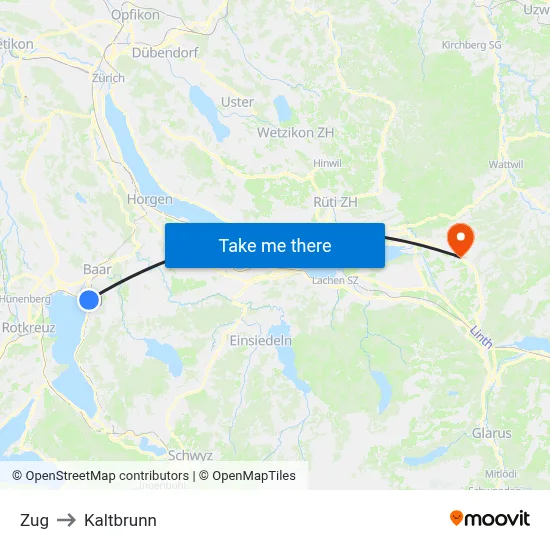 Zug to Kaltbrunn map