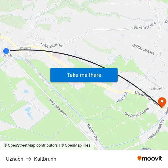 Uznach to Kaltbrunn map