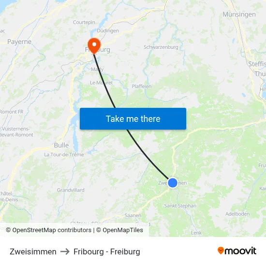 Zweisimmen to Fribourg - Freiburg map