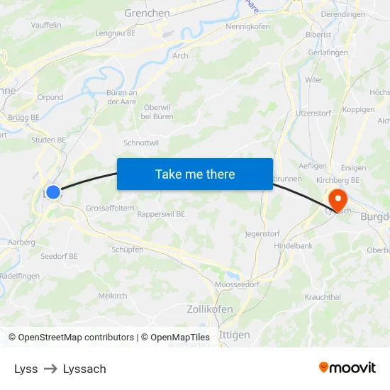 Lyss to Lyssach map