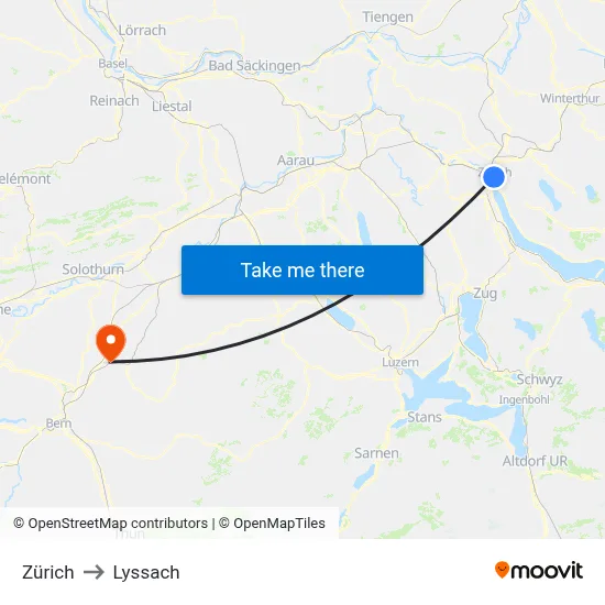 Zürich to Lyssach map