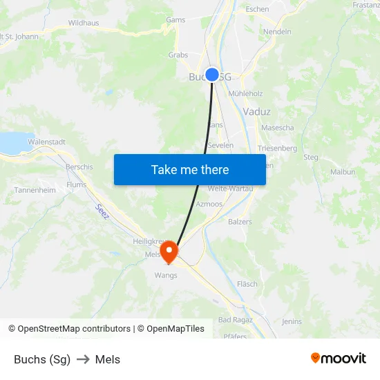 Buchs (Sg) to Mels map