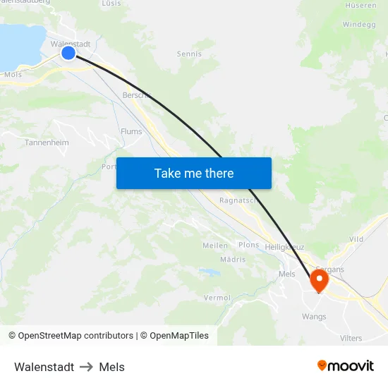 Walenstadt to Mels map