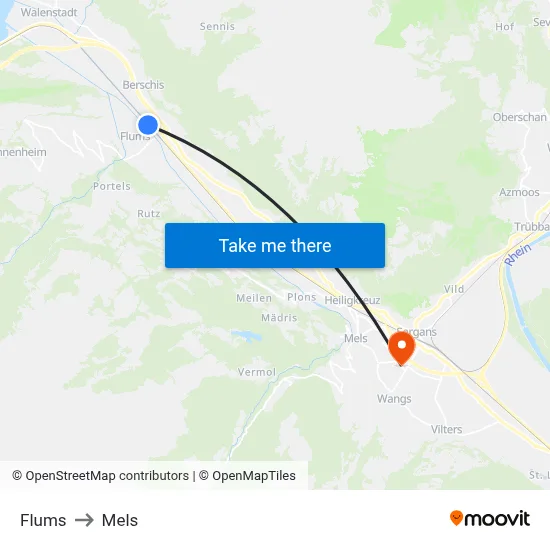 Flums to Mels map