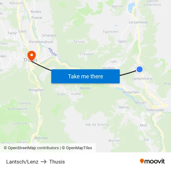 Lantsch/Lenz to Thusis map