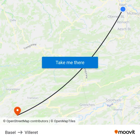 Basel to Villeret map