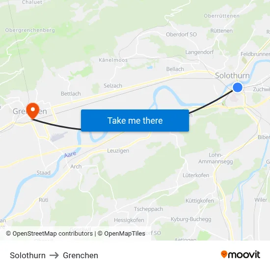 Solothurn to Grenchen map