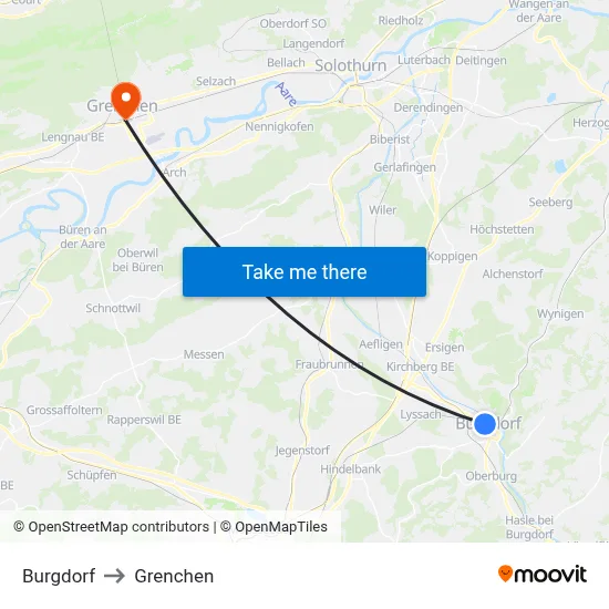 Burgdorf to Grenchen map