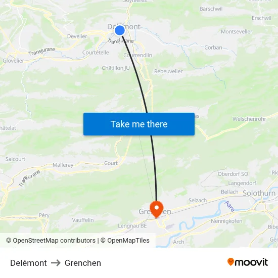 Delémont to Grenchen map