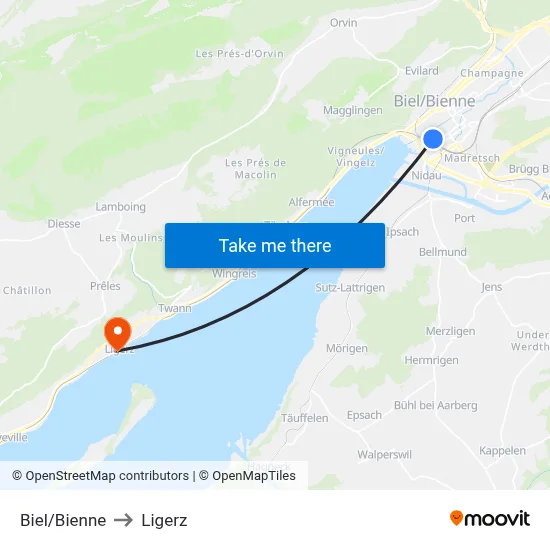 Biel/Bienne to Ligerz map