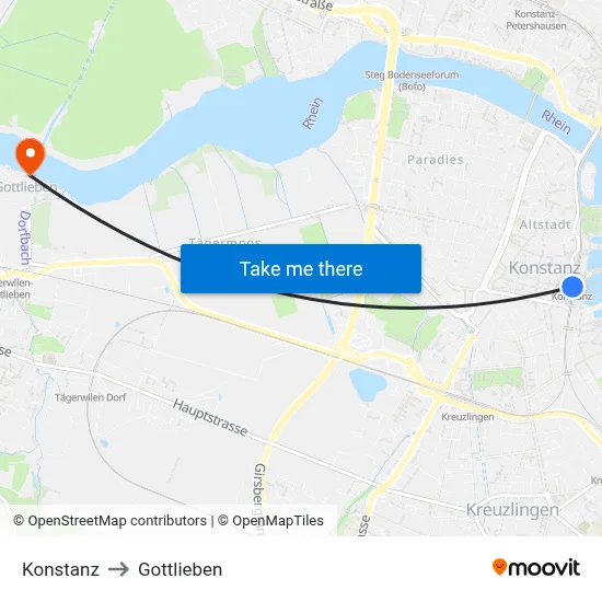Konstanz to Gottlieben map