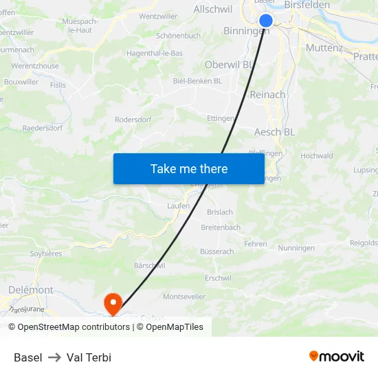 Basel to Val Terbi map