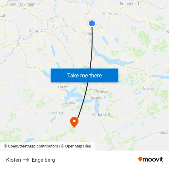 Kloten to Engelberg map