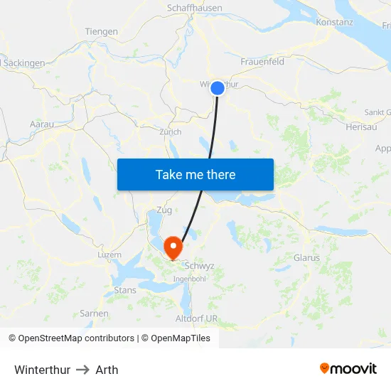 Winterthur to Arth map
