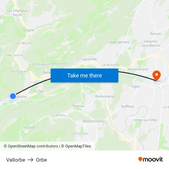 Vallorbe to Orbe map