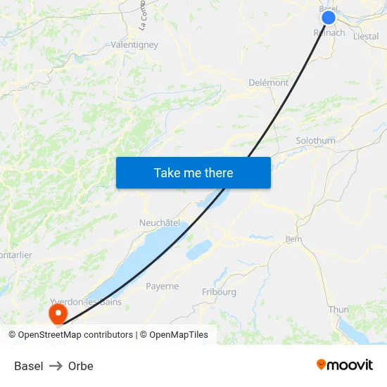 Basel to Orbe map