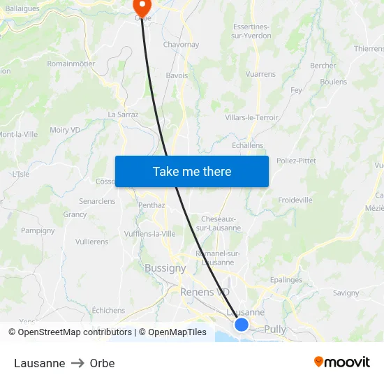 Lausanne to Orbe map