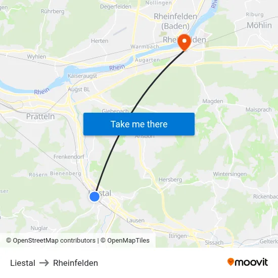 Liestal to Rheinfelden map