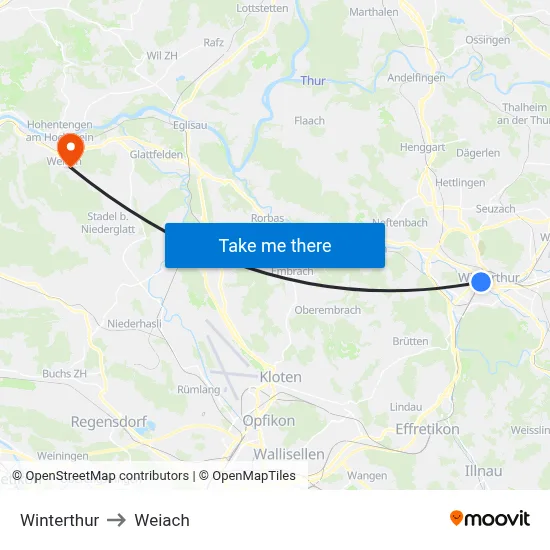 Winterthur to Weiach map