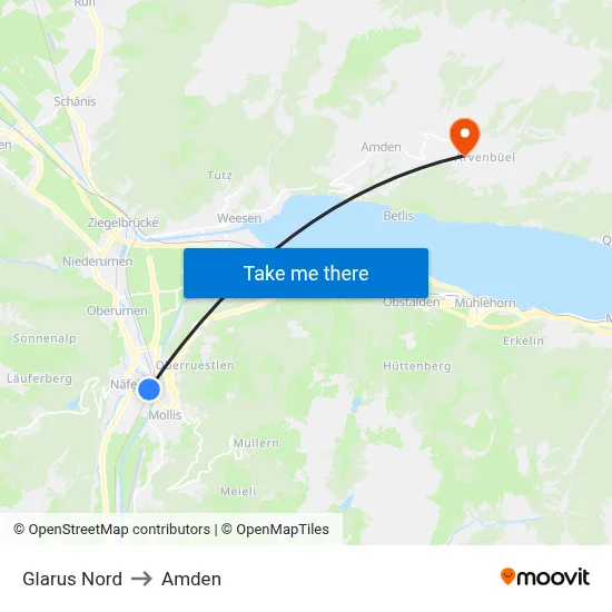 Glarus Nord to Amden map