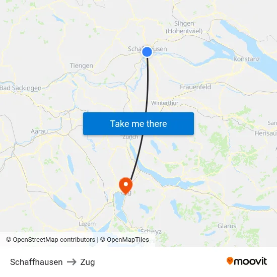 Schaffhausen to Zug map