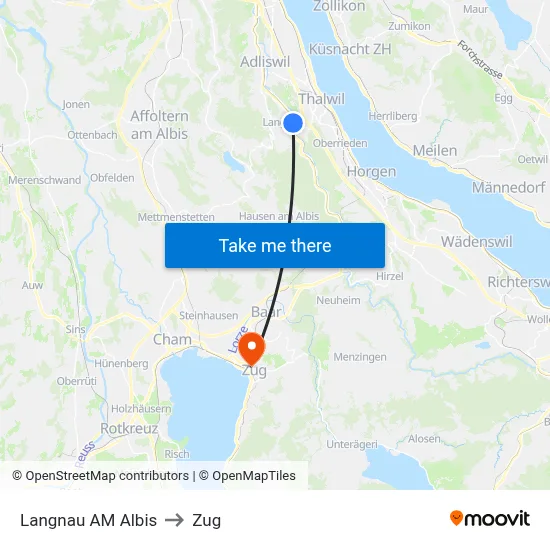 Langnau AM Albis to Zug map