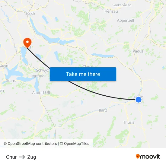 Chur to Zug map