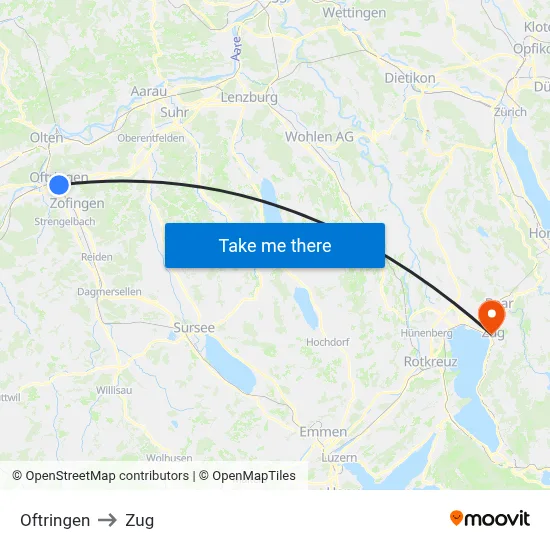 Oftringen to Zug map