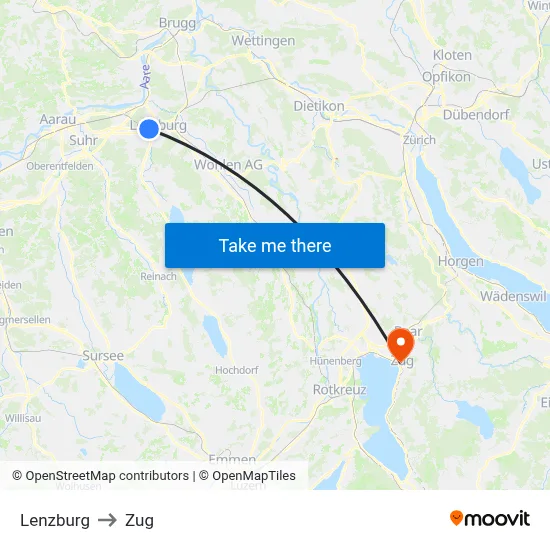 Lenzburg to Zug map