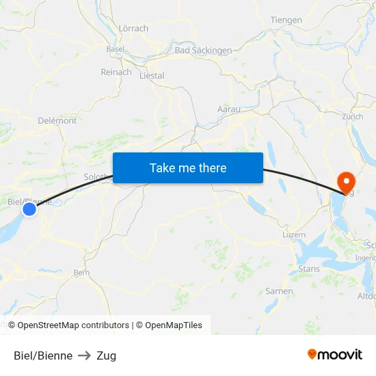 Biel/Bienne to Zug map
