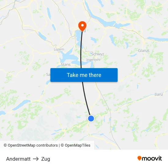 Andermatt to Zug map