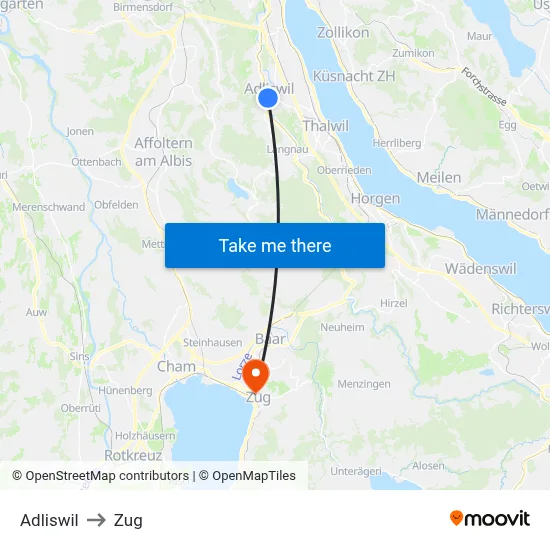 Adliswil to Zug map