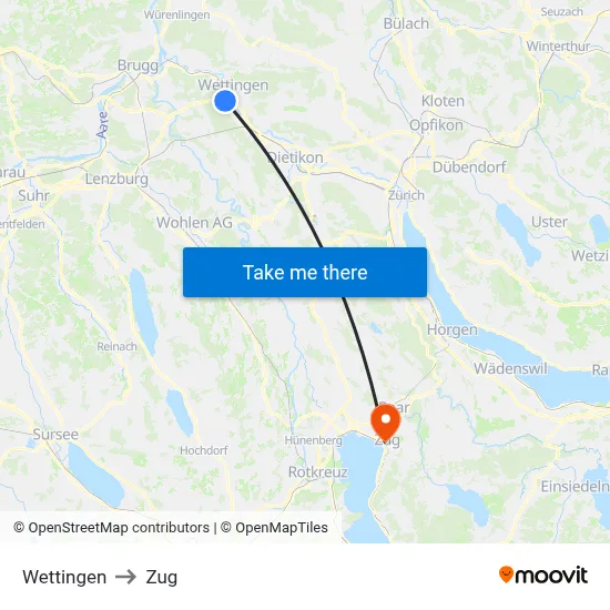 Wettingen to Zug map