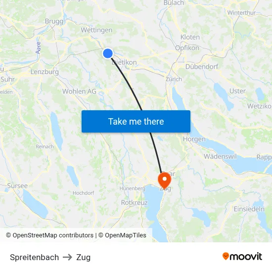 Spreitenbach to Zug map