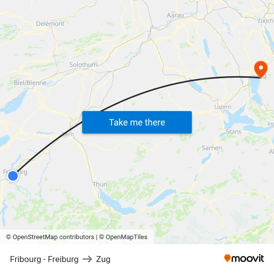 Fribourg - Freiburg to Zug map