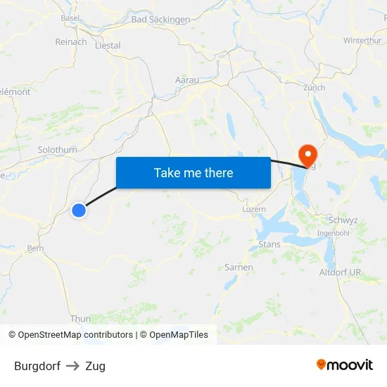 Burgdorf to Zug map