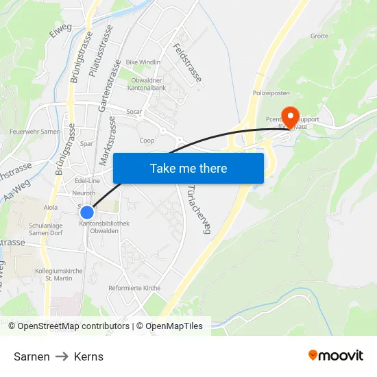 Sarnen to Kerns map