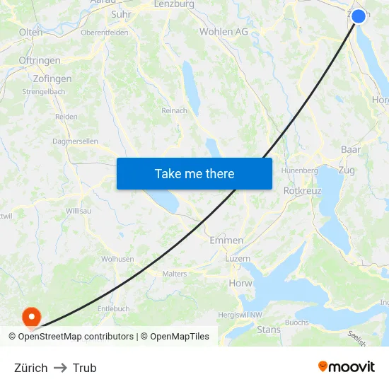 Zürich to Trub map